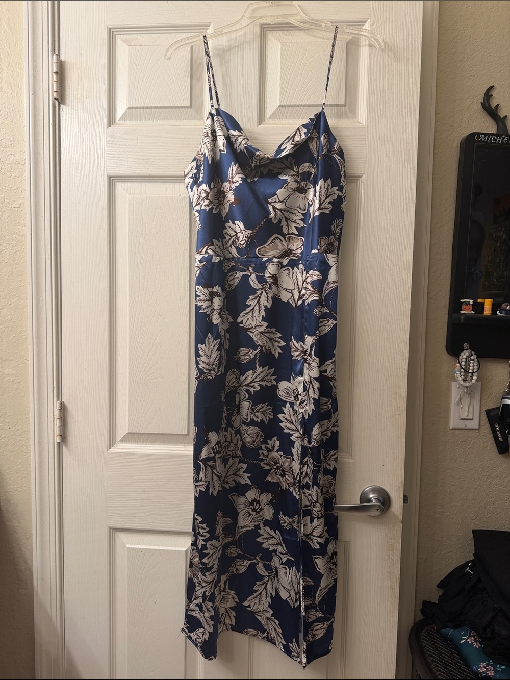 SHEIN Navy Floral Slip Maxi Dress with White Print